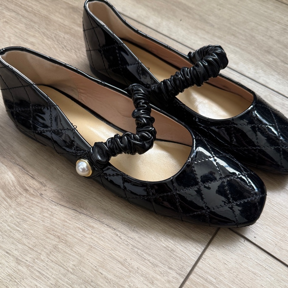 C.Paravano Black Patent Mary Jane Square Toe Ballet Flats with Pearl Detail 38EU - Picture 3 of 8